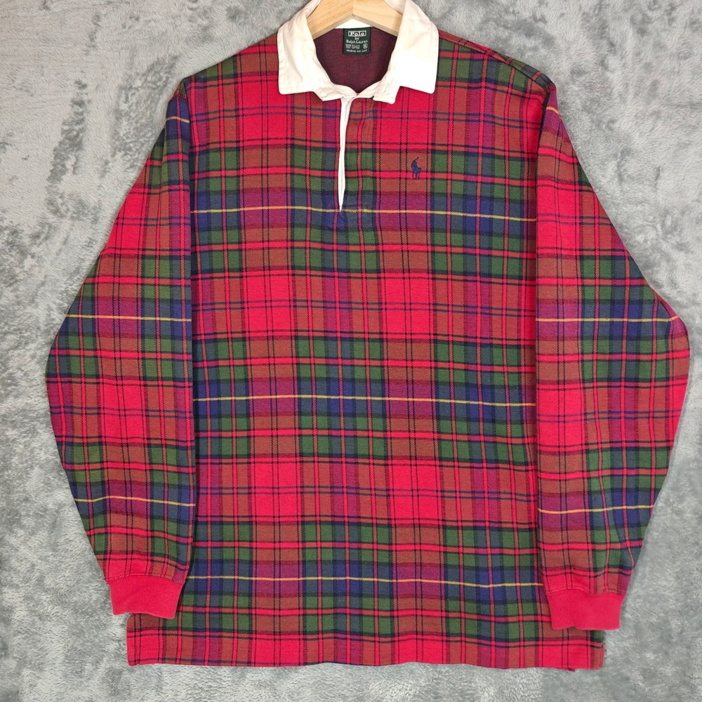 Vintage USA Polo Ralph Lauren Rugby Shirt Mens XL Red Tartan Plaid Long Sleeve